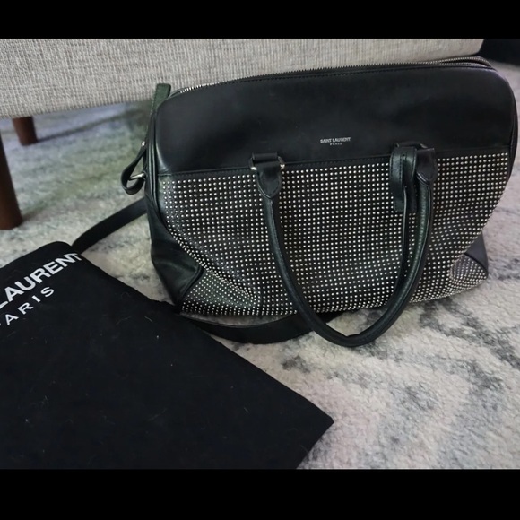 Yves Saint Laurent YSL Black Studded Duffel 6 Shoulder Bag Purse Silver - Picture 14 of 16